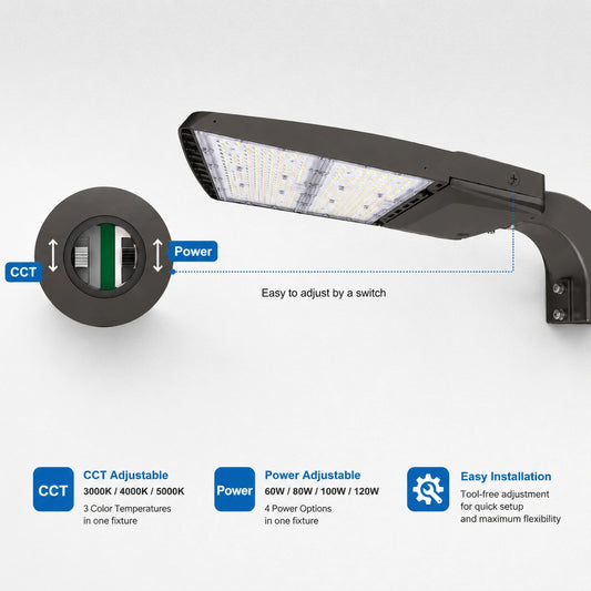 LED Parking Lot Light, 80W/100W/120W/150W Selectable, 5000K, 22,500 Lumens, Shorting Cap Included