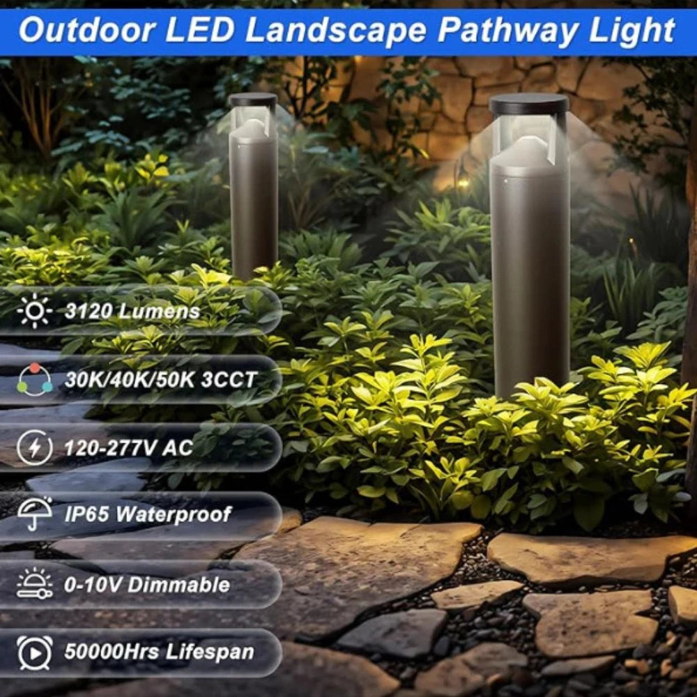 LED Rounded Bollard Light, 24W, CCT Tunable 3000K/4000K/5000K, 2,760 Lumens, 120-277 VAC