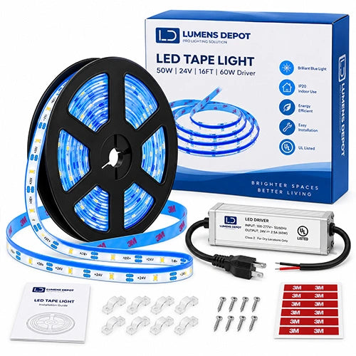LED Tape Light - 50W - Blue - 24V - 16FT - 60W Driver - Double Layer - IP20 - UL Listed