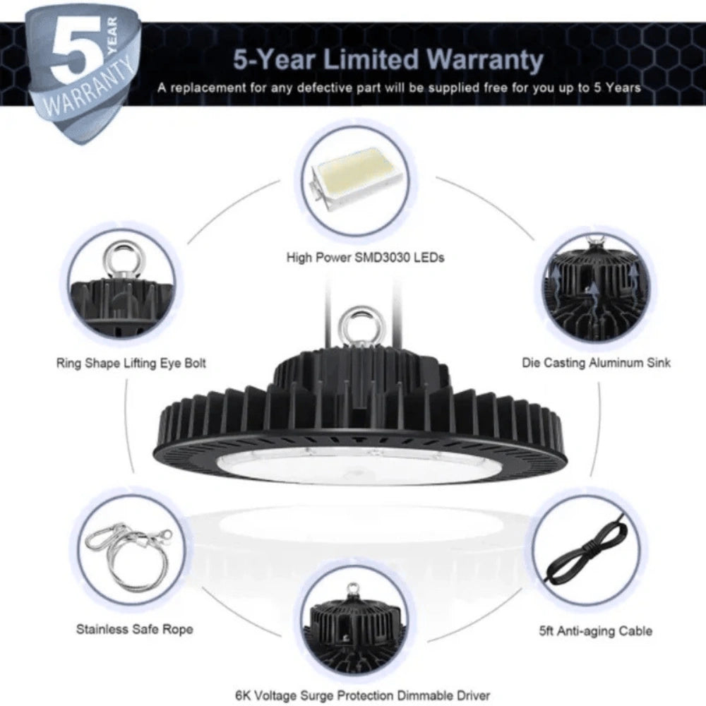 LED UFO High Bay Light, 100W, 5000K, 16000 Lumens, 100-277 VAC