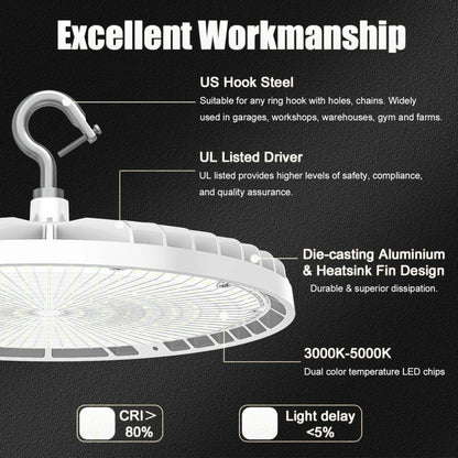 LED UFO High Bay Light, Selectable 150W/120W/90W and CCT 3000K/4000K/5000K, 21,000 Lumens, 100-277 VAC