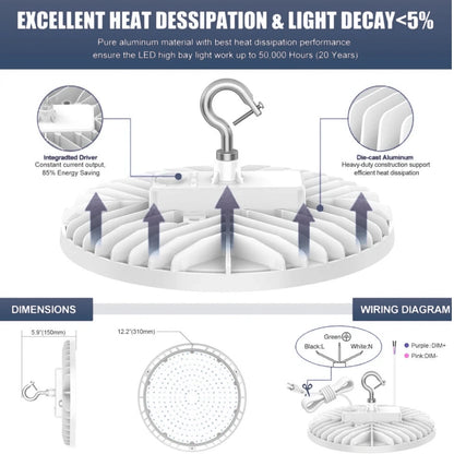 LED UFO High Bay Light, Selectable 150W/120W/90W and CCT 3000K/4000K/5000K, 21,000 Lumens, 100-277 VAC
