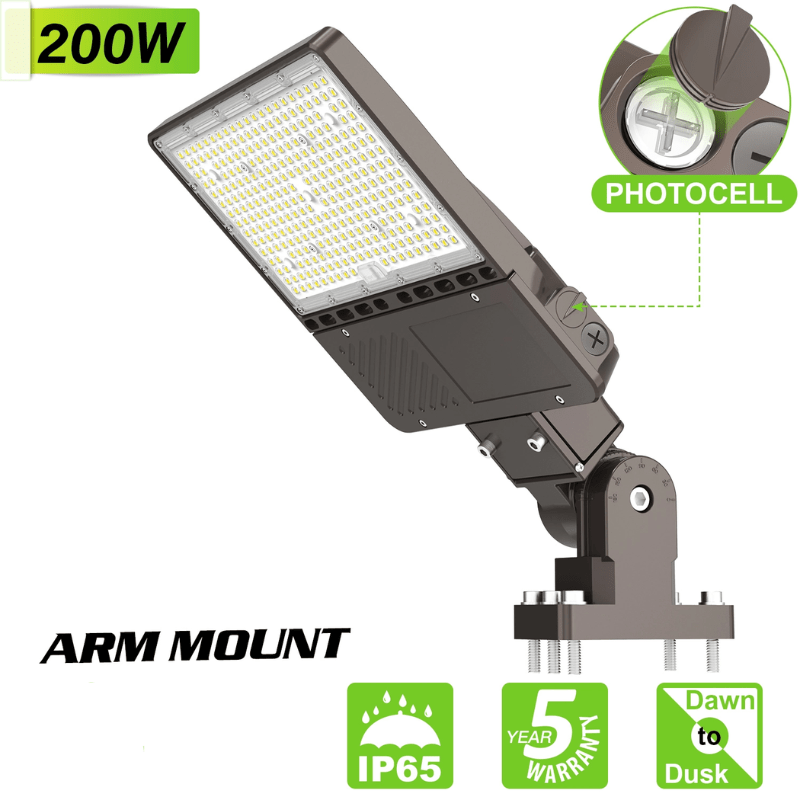 200W LED Parking Lot Light, 28,000LM – UL & DLC Listed, 5000K Shoebox Pole Light with Slip Fitter, IP65 Waterproof for Commercial Streets, Area Lighting & Outdoor Sports Courts (100-277V, Brown) - Lumens Depot