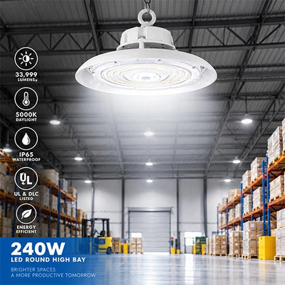 LED Round High Bay – 240W – 33,999 Lumens – 5000K Daylight – 277-480V – IP65 Waterproof – UL & DLC Listed