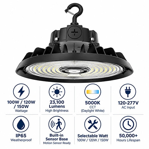 LED UFO High Bay Light - Built-in Sensor Base, Selectable Watt 100W/120W/150W, CCT 5000K, 23,100 Lumens, 120-277 VAC
