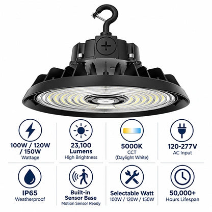 LED UFO High Bay Light - Built-in Sensor Base, Selectable Watt 100W/120W/150W, CCT 5000K, 23,100 Lumens, 120-277 VAC