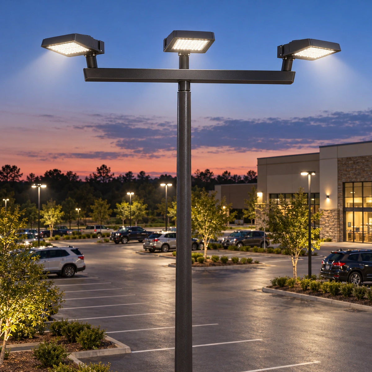 Low Profile Bullhorn with 3 Vertical Tenons at 180° – Heavy-Duty Pole Adapter for LED Area Lights