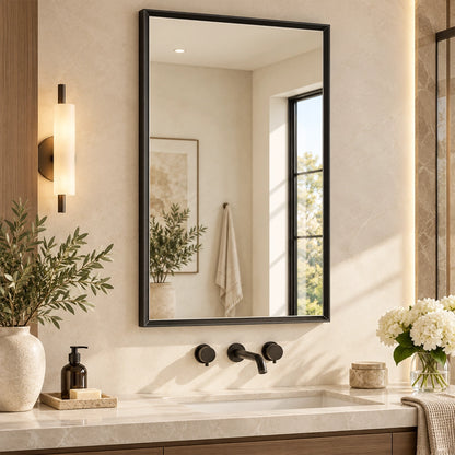 Matte Black Beveled Metal Frame Mirror – Rectangular Wall Mirror