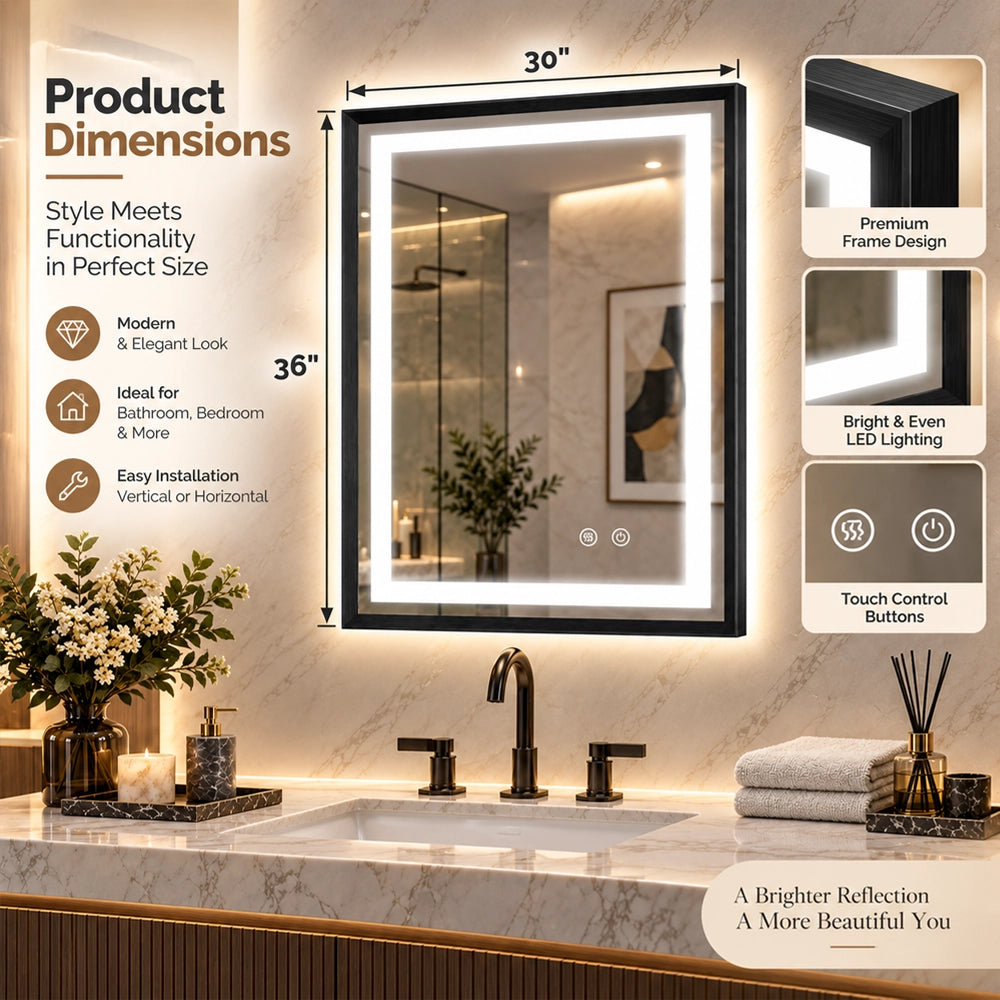 Modern Black Side Frontlit LED Metal Frame Wall Mirror