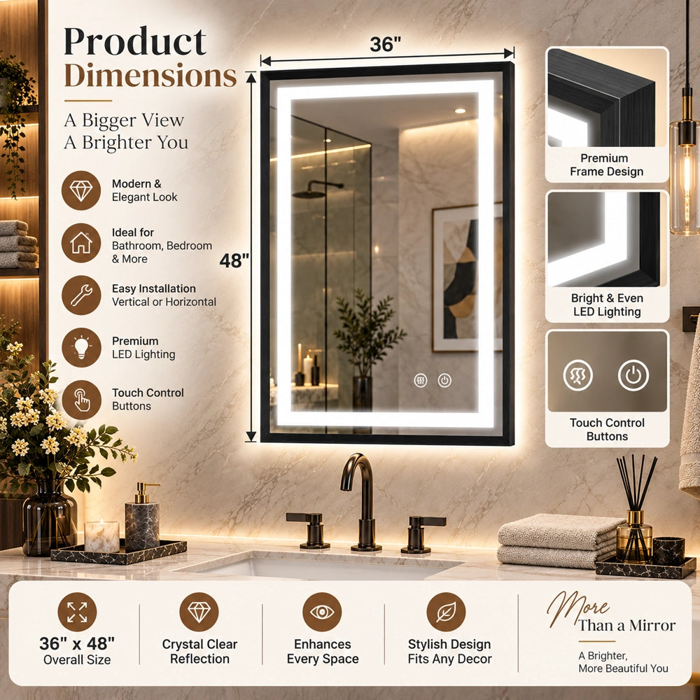 Modern Black Side Frontlit LED Metal Frame Wall Mirror