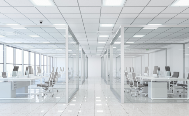 Modern office with LED panel lighting + bright workspace