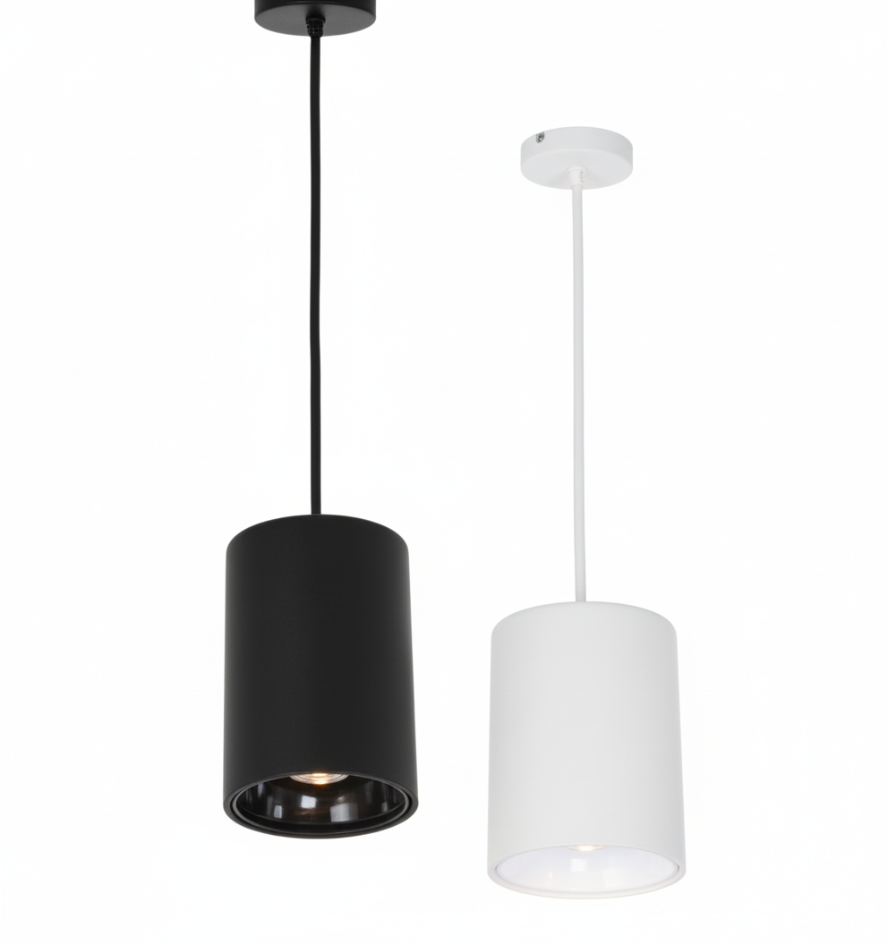 Black and white 20W pendant mount LED cylindrical lights, 3CCT selectable with 2000 lumens output, ETL listed.