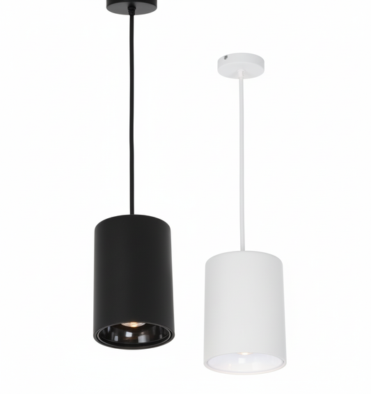 Black and white 20W pendant mount LED cylindrical lights, 3CCT selectable with 2000 lumens output, ETL listed.