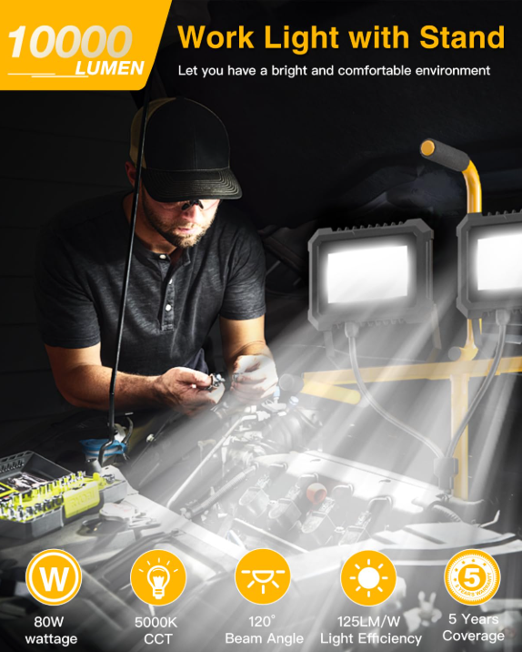 LED Tripod Work Light, 40W*2, 5000K, 10,000 Lumens