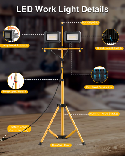 LED Tripod Work Light, 40W*2, 5000K, 10,000 Lumens