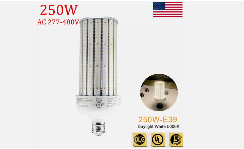 250W LED Corn Bulb, 37,500LM E39 Mogul Base, ETL Listed, 5000K Daylight, High Bay LED for Garage, Warehouse & Workshop, 277-480V - Lumens Depot