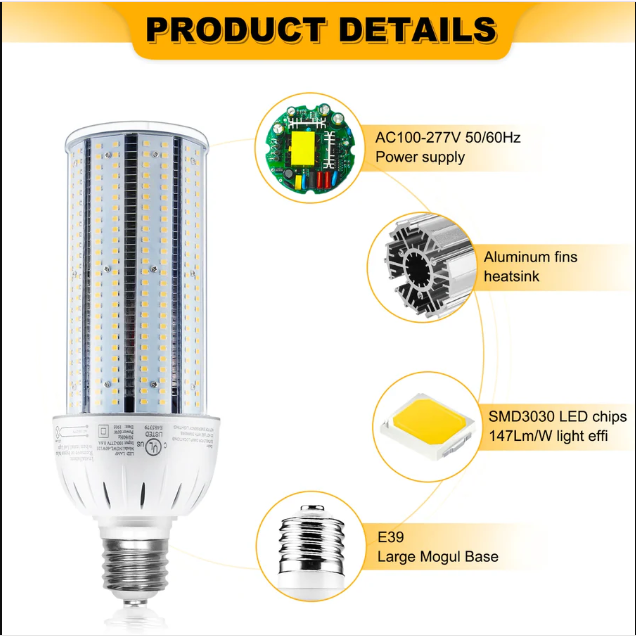 54W LED Retrofit Corn Bulb | 250W HID Replacement | 7600 Lumens | E39 Base | 5000K Daylight | 360° Area Lighting | 100-277VAC - Lumens Depot