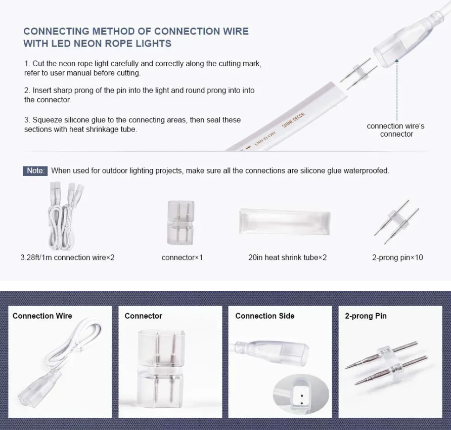 LED Neon Light Strip Connector Kit - 110V, 7x14.5mm - ProSelect Neon