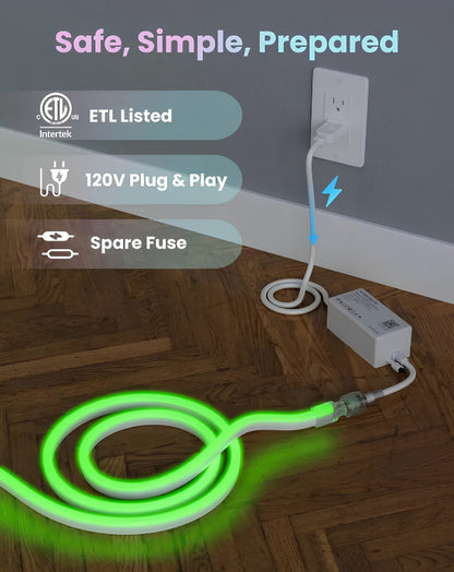 Smart RGB Neon Rope Light, 120V, App & Voice Control, IP65 Splashproof, 80 LEDs/M, Cuttable & Connectable - Lumens Depot