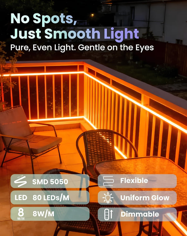 Smart RGB Neon Rope Light, 120V, App & Voice Control, IP65 Splashproof, 80 LEDs/M, Cuttable & Connectable - Lumens Depot