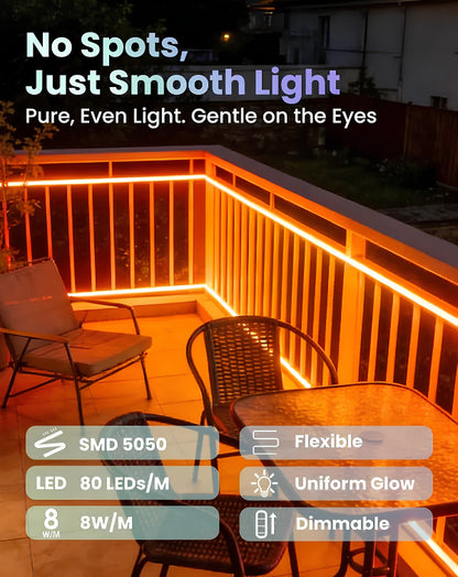Smart RGB Neon Rope Light, 120V, App & Voice Control, IP65 Splashproof, 80 LEDs/M, Cuttable & Connectable - Lumens Depot