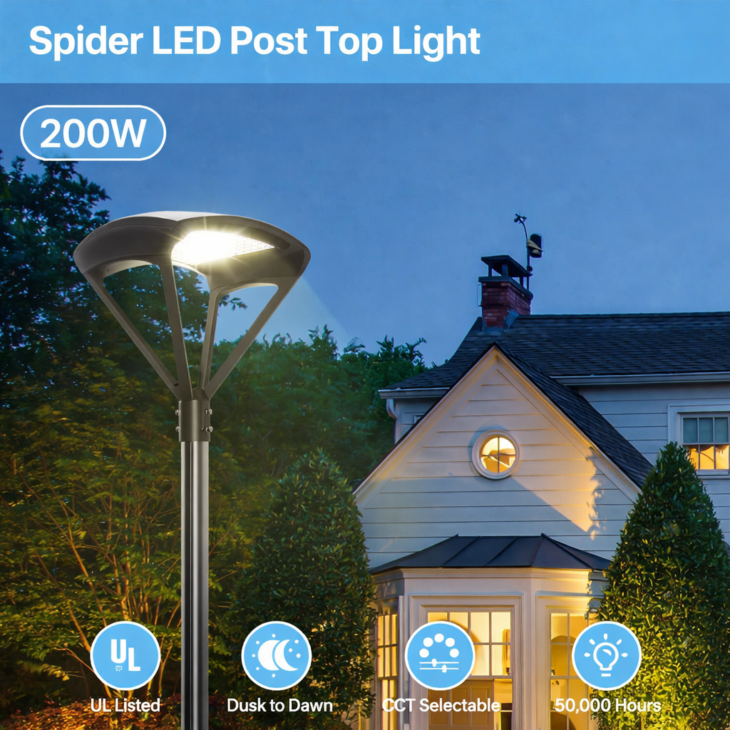 LED Post Top Light, 200W, CCT 5000K, 100-277 VAC, 26,000 Lumens - Lumens Depot