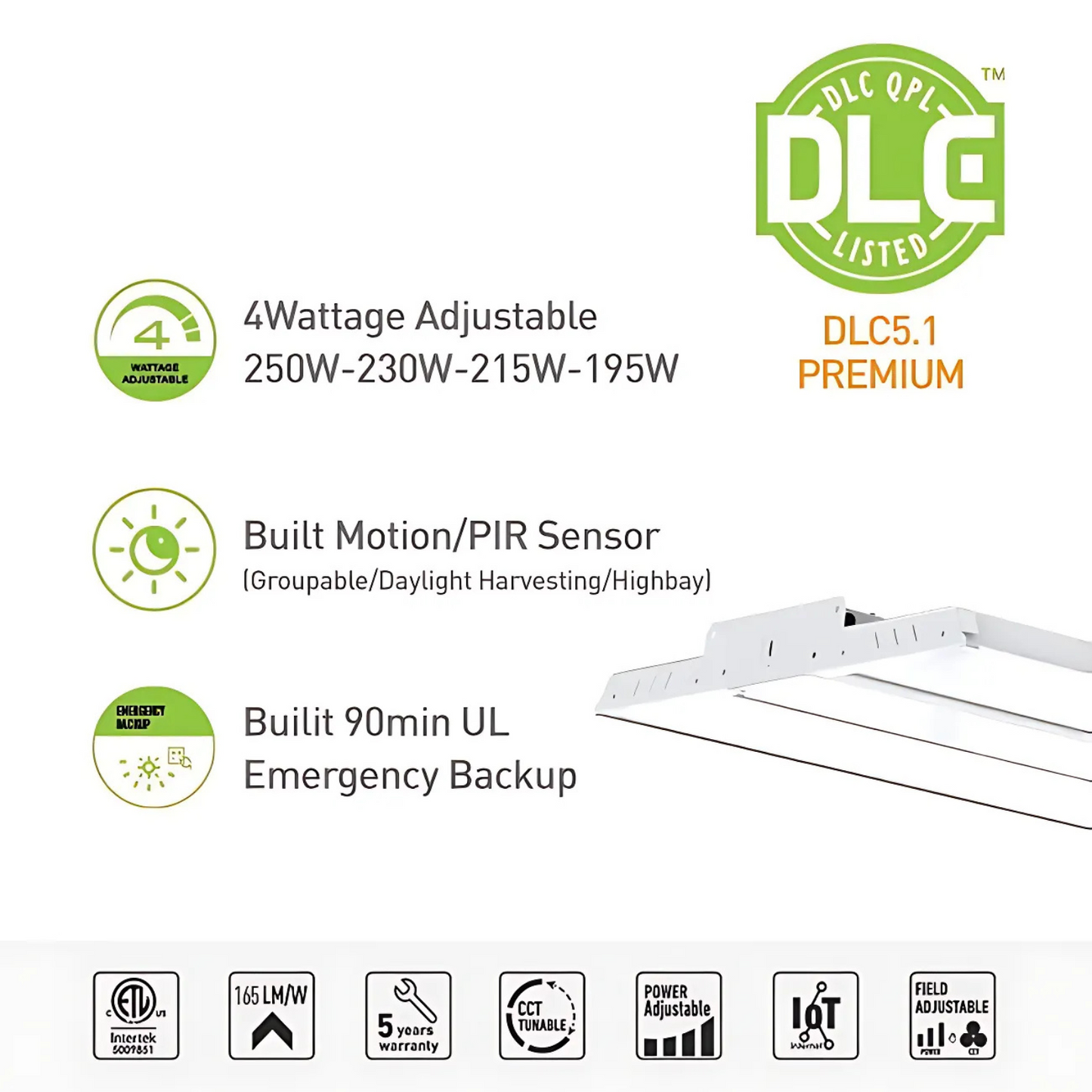 LED Linear High Bay Light, 4ft, 210W/190W/170W/150W, CCT 5000K, 34,650 Lumens, 120-277 VAC