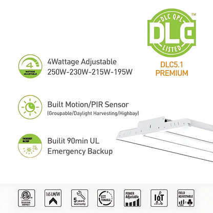 LED Linear High Bay Light, 4ft, 210W/190W/170W/150W, CCT 5000K, 34,650 Lumens, 120-277 VAC