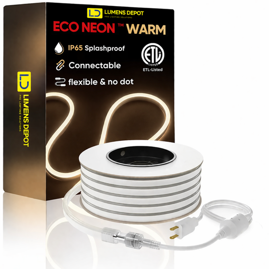 110V-120V Warm White (2600K)Neon LED Rope Light - 8mmX16mm,Commercial Grade, IP65, 189 LM/M -Cuttable, dimmable - Plug and Play And Hardwired - Lumens Depot