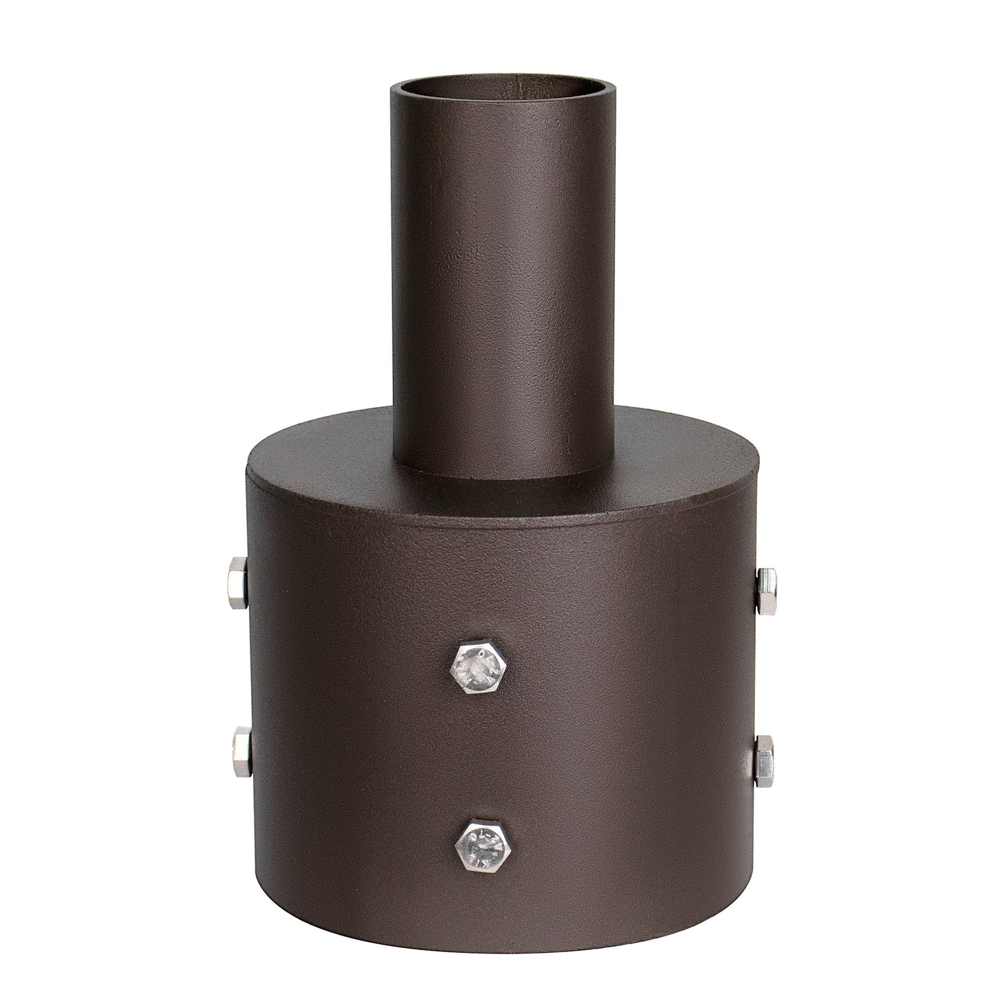 4" Round Pole Mount With 2-3/8" Vertical Tenon, Welding Tenon Reducer, Black