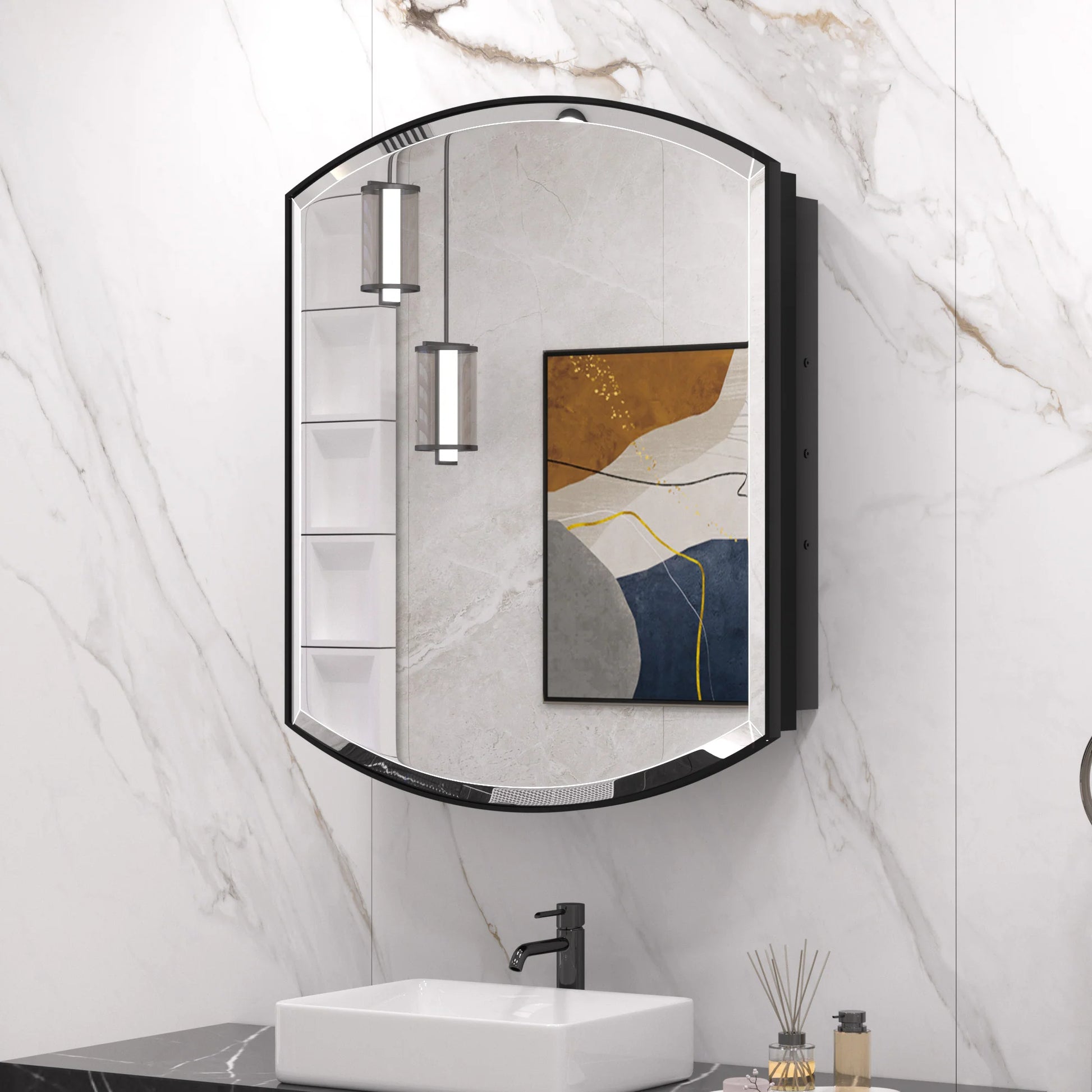 24x36 Inch Arched Black Medicine Cabinet – Wall Mounted or Recessed Bathroom Mirror - Lumens Depot