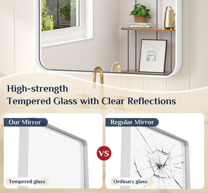 White Hard Corner Thin Frame Metal Mirror – Modern Rectangular Wall-Mounted Mirror with Shatterproof Copper-Free Glass - Lumens Depot
