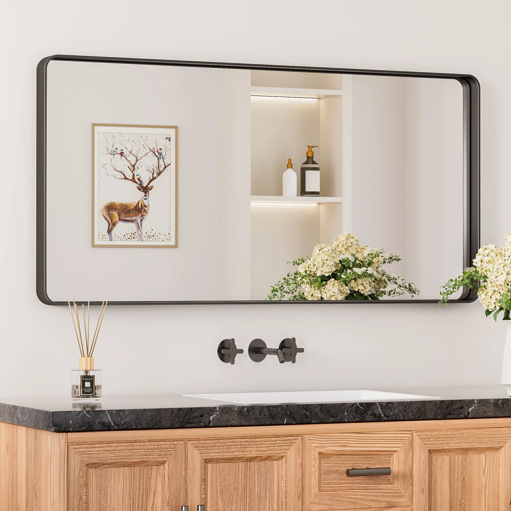 Black Hard Corner Thin Frame Metal Mirror – Modern Rectangular Wall-Mounted Mirror - Lumens Depot