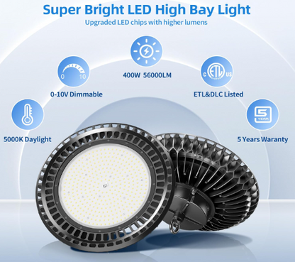 500W UFO LED High Bay Light - 56,000 Lumens, 5000K Daylight, Dimmable, IP65 Waterproof, 120VAC | ETL &amp; DLC Listed - Lumens Depot