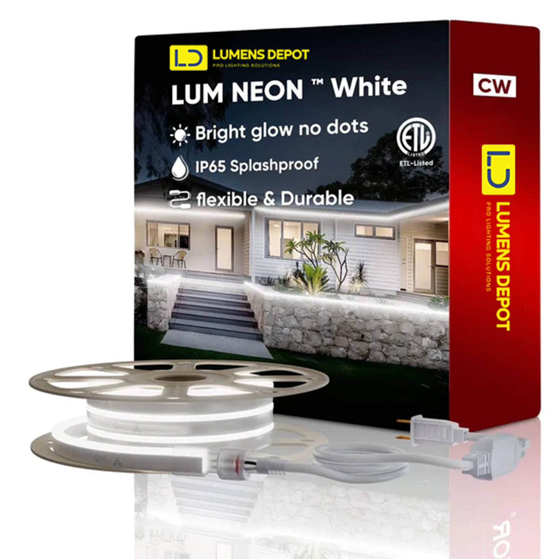 110-120V Cool White LED Neon Rope Light -6300K-8mm x 16mm-6.5W/Meter and 226LM/W -Dimmable, Flexible, IP65 Waterproof, Cuttable for Home & Commercial Use - Lumens Depot