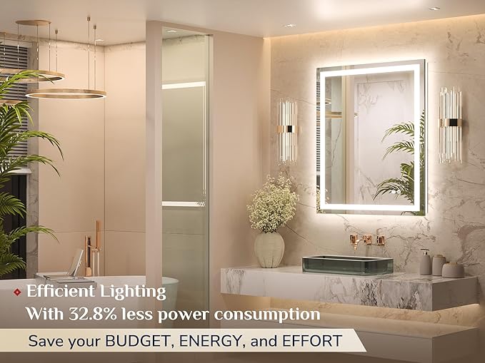 LED Bathroom Mirror with Front and Back Lighting – Single Light Strip - Dimmable - Anti-Fog - Wall Mounted Vanity Mirror - Lumens Depot
