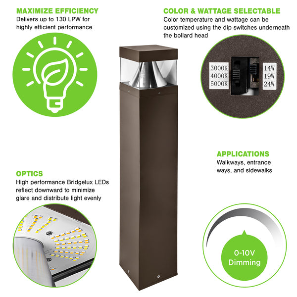 Adjustable Square Pole LED Bollard Lights – 24W/19W/14W - Modern Outdoor Pathway Lighting - Customizable Wattage & Color - Lumens Depot