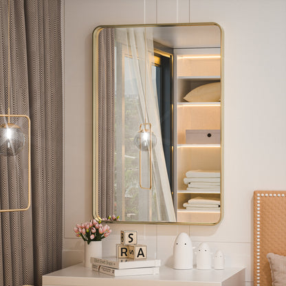 Gold Round Corner Metal Frame Mirror – Rectangular Wall Mirror with Shatterproof Glass - Vertical or Horizontal Mount – Modern Luxury Accent - Lumens Depot