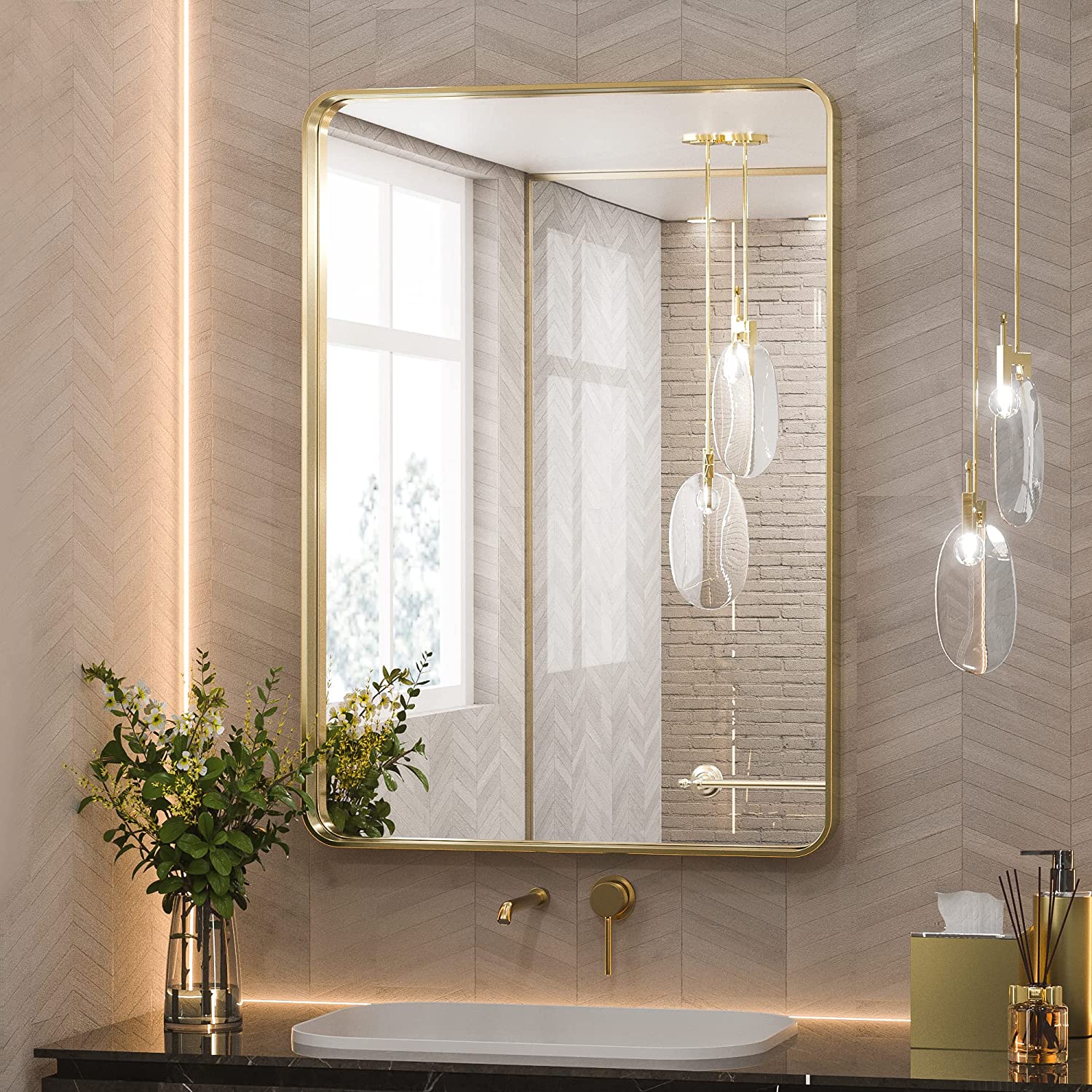 Gold Round Corner Metal Frame Mirror – Rectangular Wall Mirror with Shatterproof Glass - Vertical or Horizontal Mount – Modern Luxury Accent - Lumens Depot