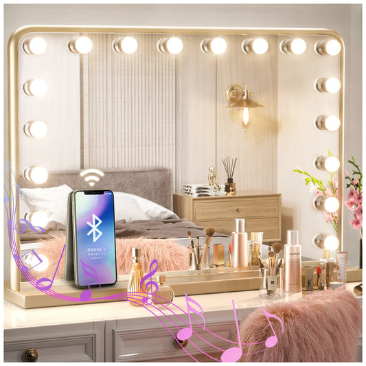 18x23 Inch Hollywood Lighted Makeup Mirror with 3-Color Dimmable LED Bulbs – Gold Vanity Mirror for Beauty and Glam Room - Lumens Depot