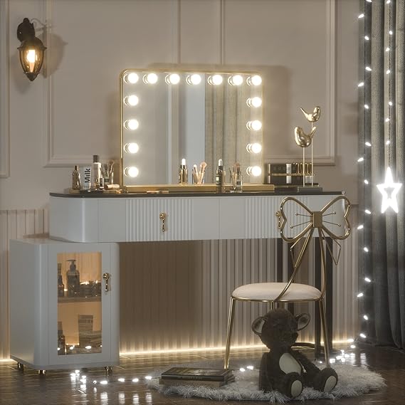 18x23 Inch Hollywood Lighted Makeup Mirror with 3-Color Dimmable LED Bulbs – Gold Vanity Mirror for Beauty and Glam Room - Lumens Depot