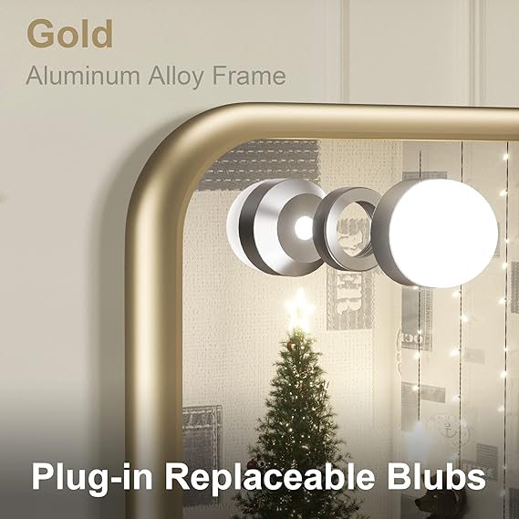 18x23 Inch Hollywood Lighted Makeup Mirror with 3-Color Dimmable LED Bulbs – Gold Vanity Mirror for Beauty and Glam Room - Lumens Depot