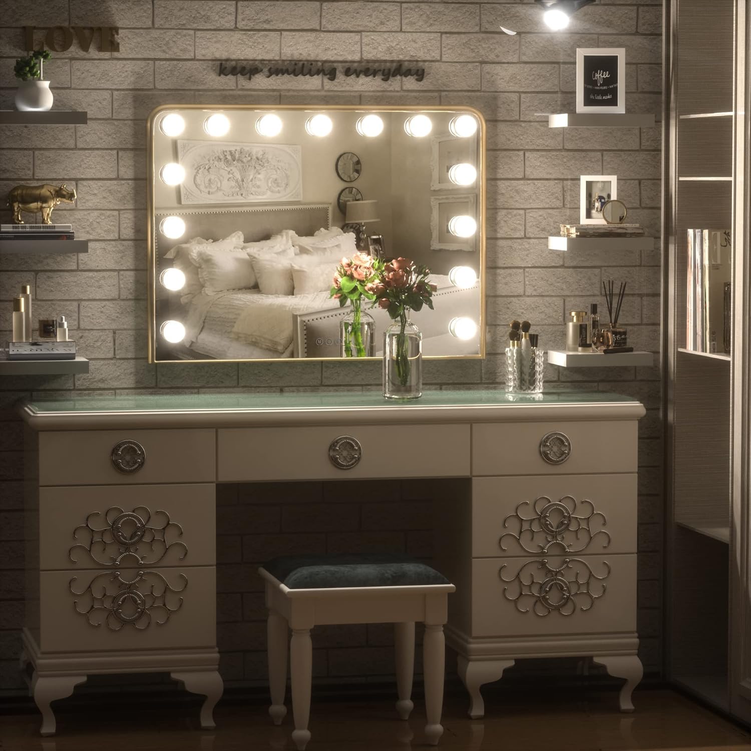 18x23 Inch Hollywood Lighted Makeup Mirror with 3-Color Dimmable LED Bulbs – Gold Vanity Mirror for Beauty and Glam Room - Lumens Depot
