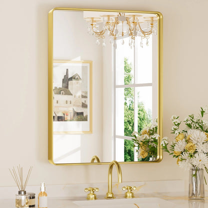 Gold Hard Corner Thin Frame Metal Mirror – Modern Wall-Mounted Bathroom - Bedroom - and Entryway Mirror - Lumens Depot