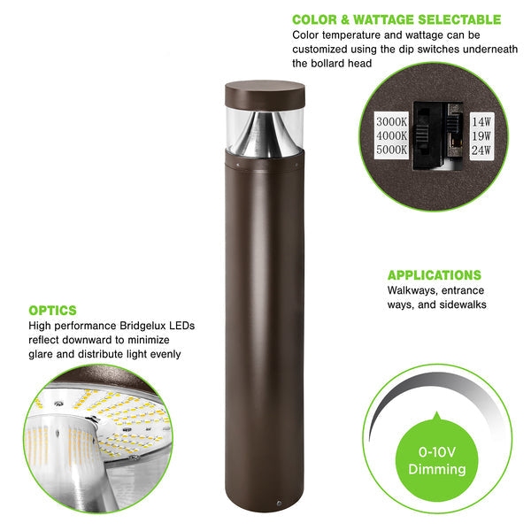 LED Bollard Light – 24W/19W/14W Round Pole - Wattage & Color Selectable - Outdoor Pathway Lighting - Lumens Depot
