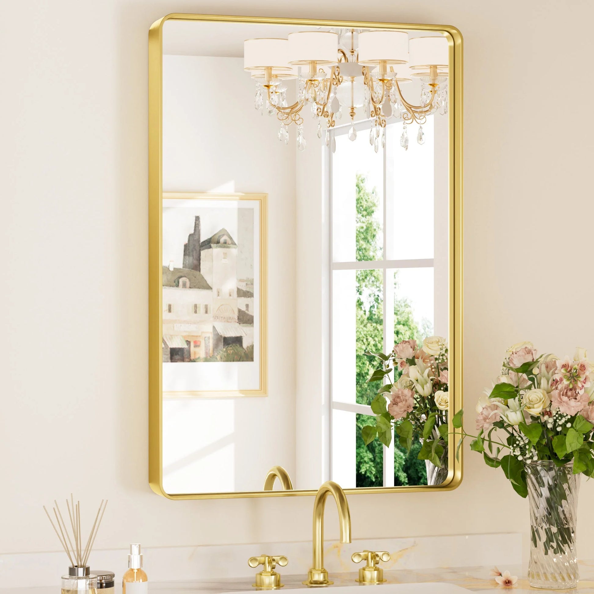 Gold Hard Corner Thin Frame Metal Mirror – Modern Wall-Mounted Bathroom - Bedroom - and Entryway Mirror - Lumens Depot