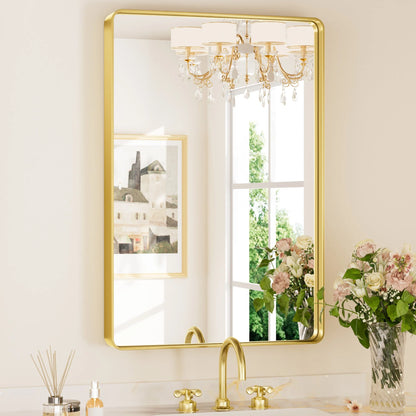 Gold Hard Corner Thin Frame Metal Mirror – Modern Wall-Mounted Bathroom - Bedroom - and Entryway Mirror - Lumens Depot