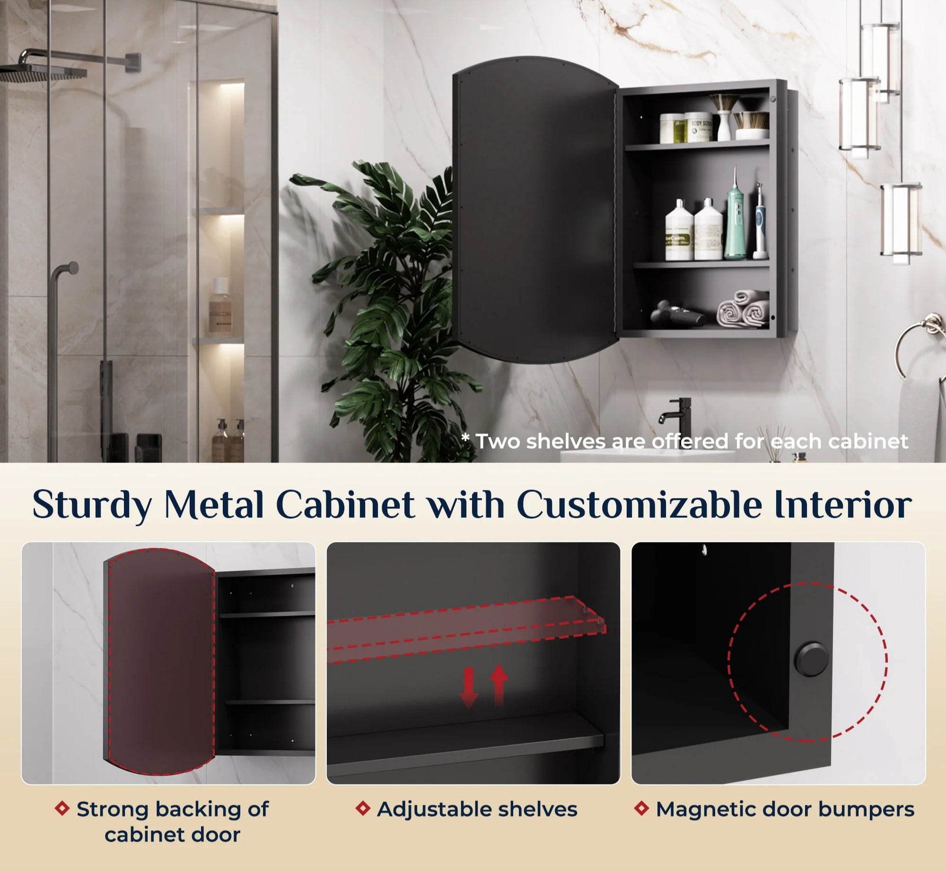 24x36 Inch Arched Black Medicine Cabinet – Wall Mounted or Recessed Bathroom Mirror - Lumens Depot