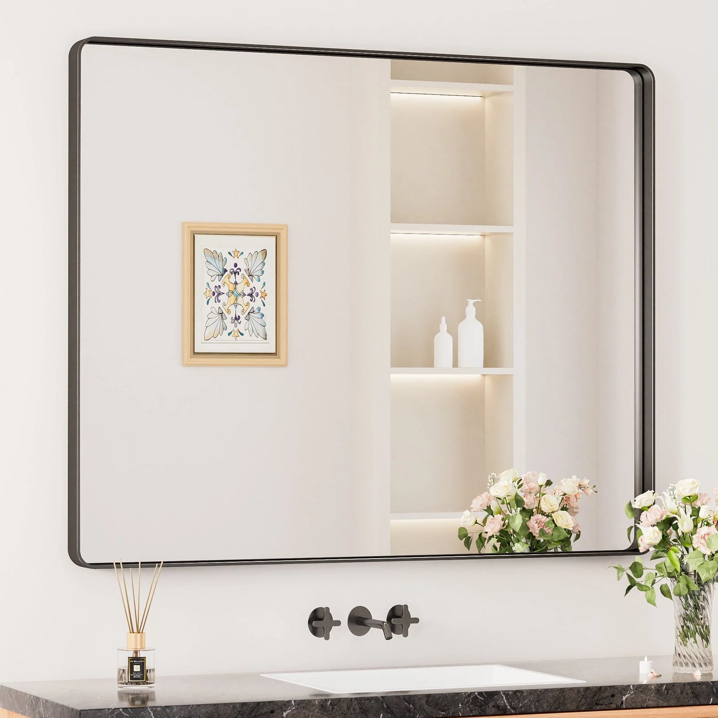 Black Hard Corner Thin Frame Metal Mirror – Modern Minimalist Wall-Mounted Bathroom - Bedroom - and Entryway Mirror - Lumens Depot