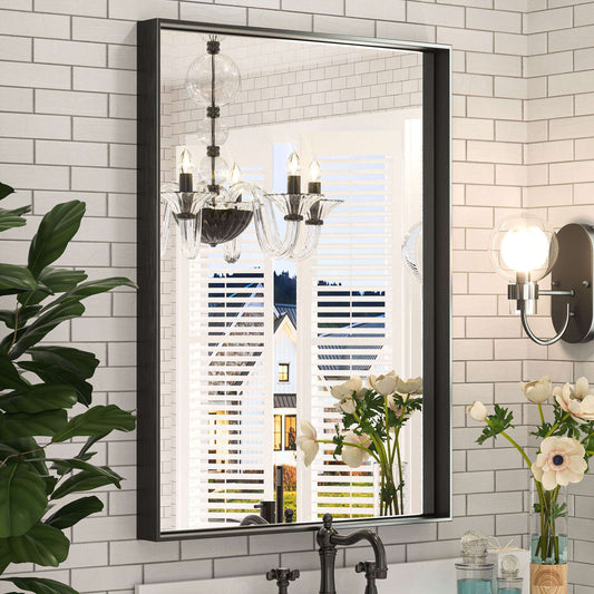 Black Hard Corner Metal Frame Mirror – Rectangular Wall Mirror with Shatterproof Copper-Free Glass - Vertical or Horizontal Mount - Lumens Depot